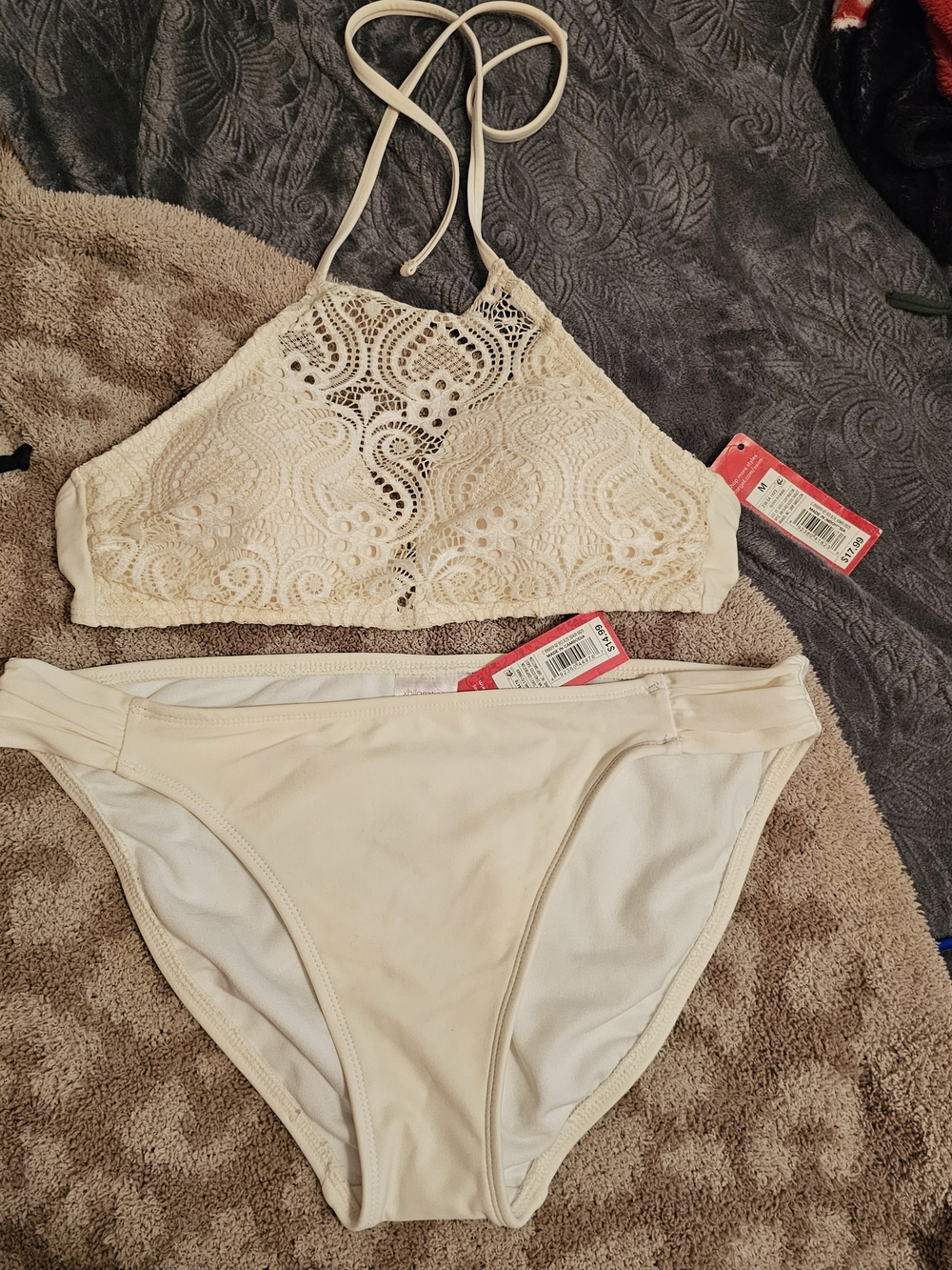 Off White Crochet Halter Bikini Set - Two Piece Swimsuit